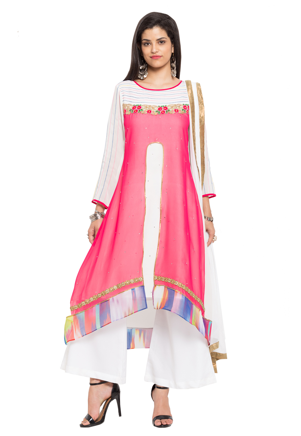 Pink Faux Georgette Readymade Palazzo Suit 230409
