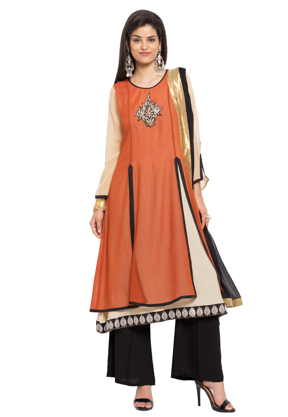 Rust Faux Georgette Readymade Palazzo Suit 230411