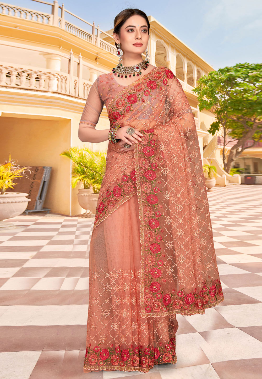 Peach Net Saree With Blouse 257682
