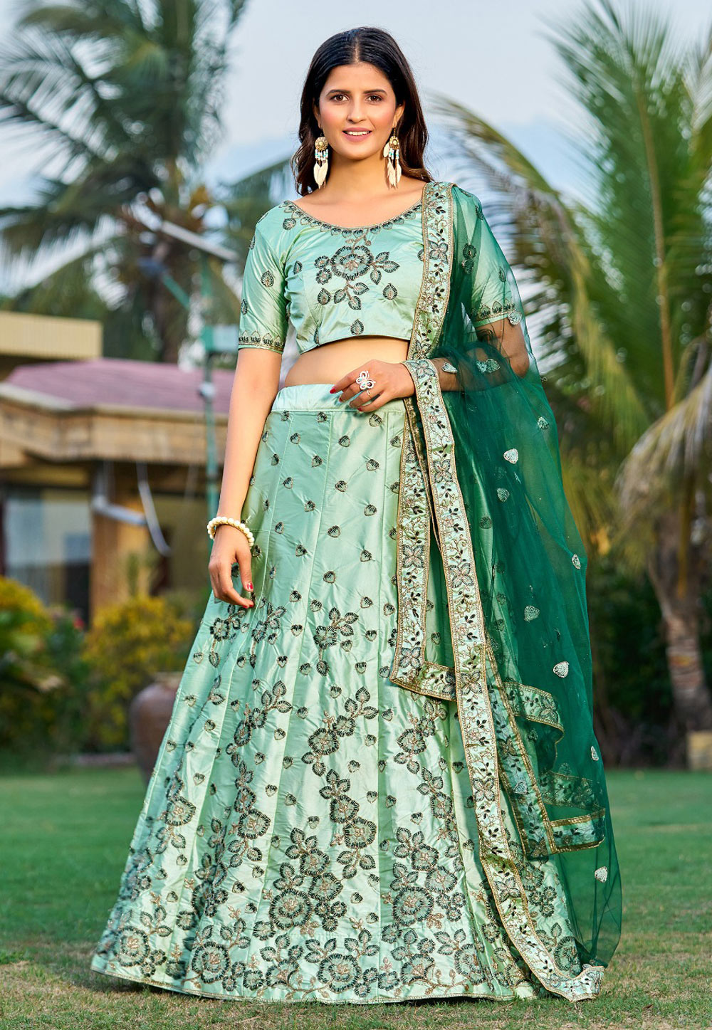 Sea Green Satin A Line Lehenga Choli 268958