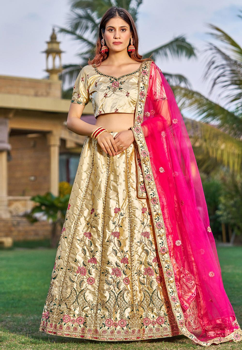 Beige Satin A Line Lehenga Choli 268959