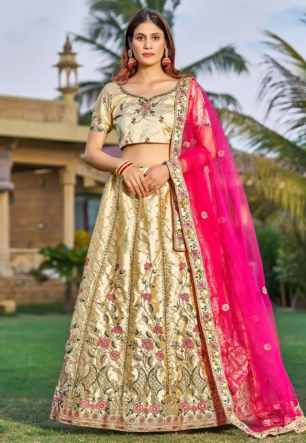 Beige Satin A Line Lehenga Choli 268959