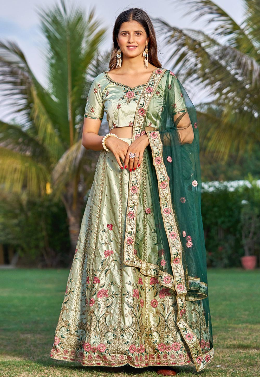 Pista Green Satin A Line Lehenga Choli 268960