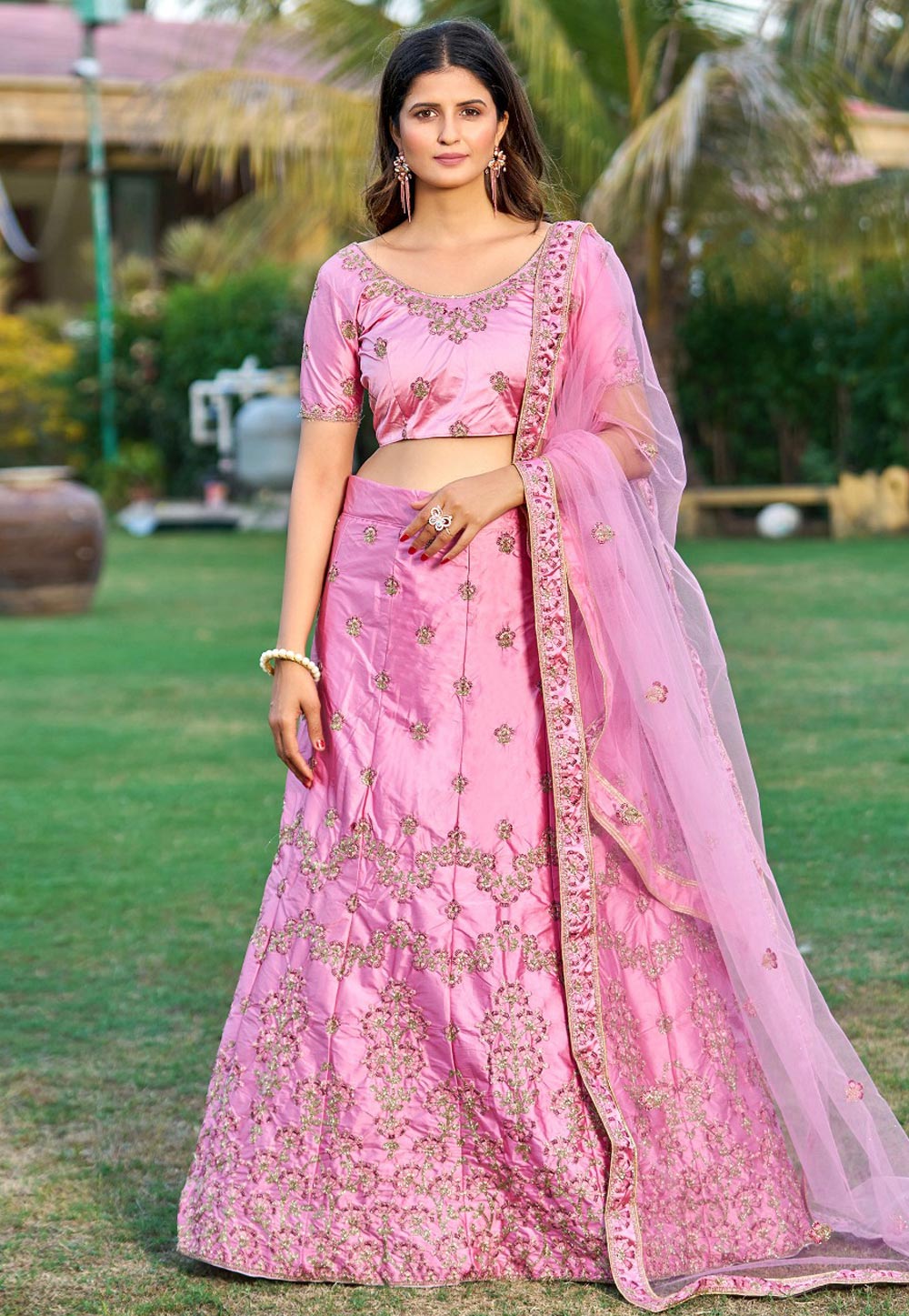 Pink Satin A Line Lehenga Choli 268961