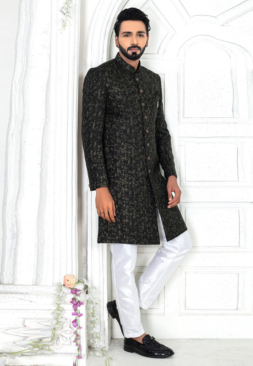 Green Jacquard Achkan Style Sherwani 269606