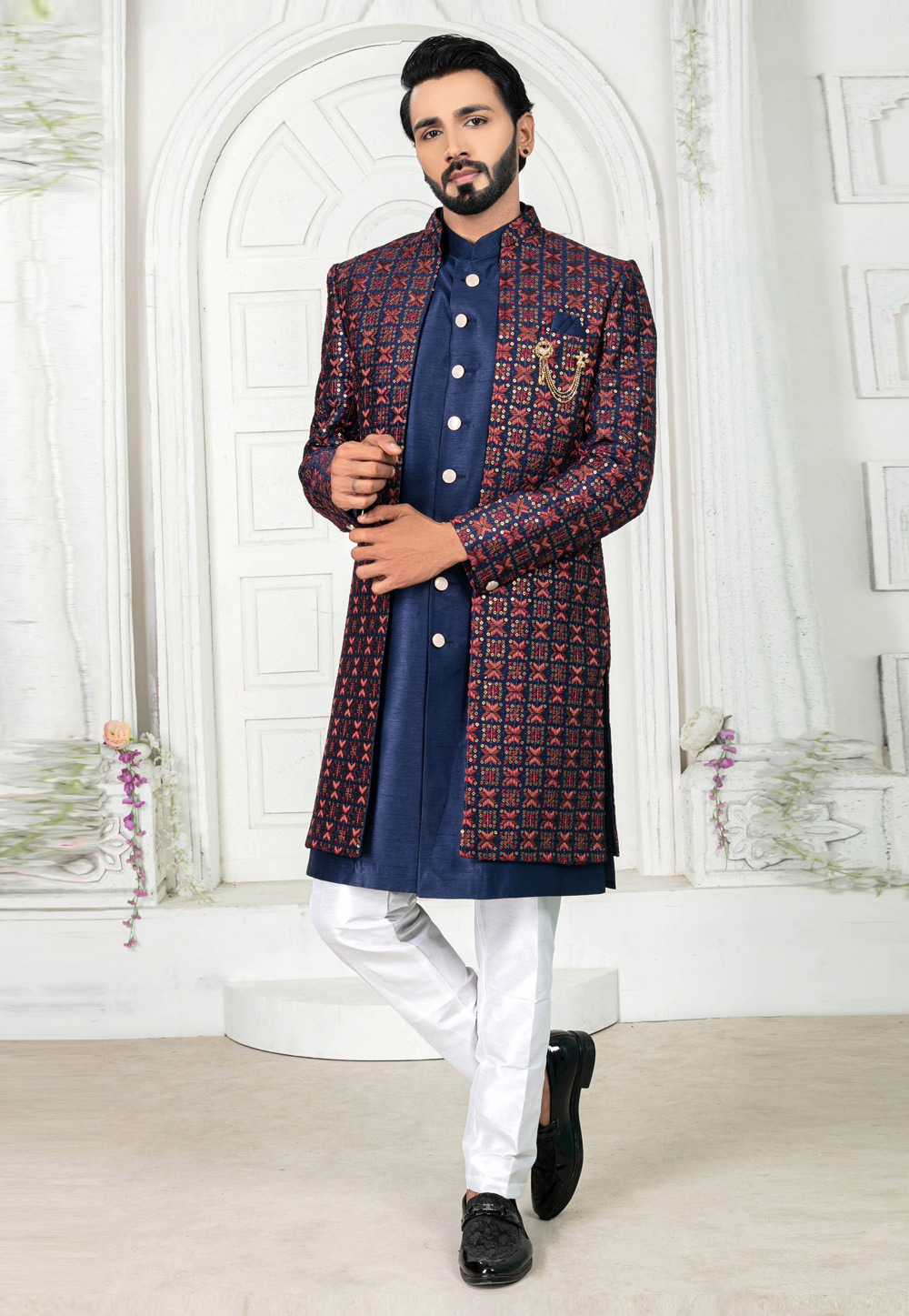 Navy Blue Art Silk Jacket Style Sherwani 269610
