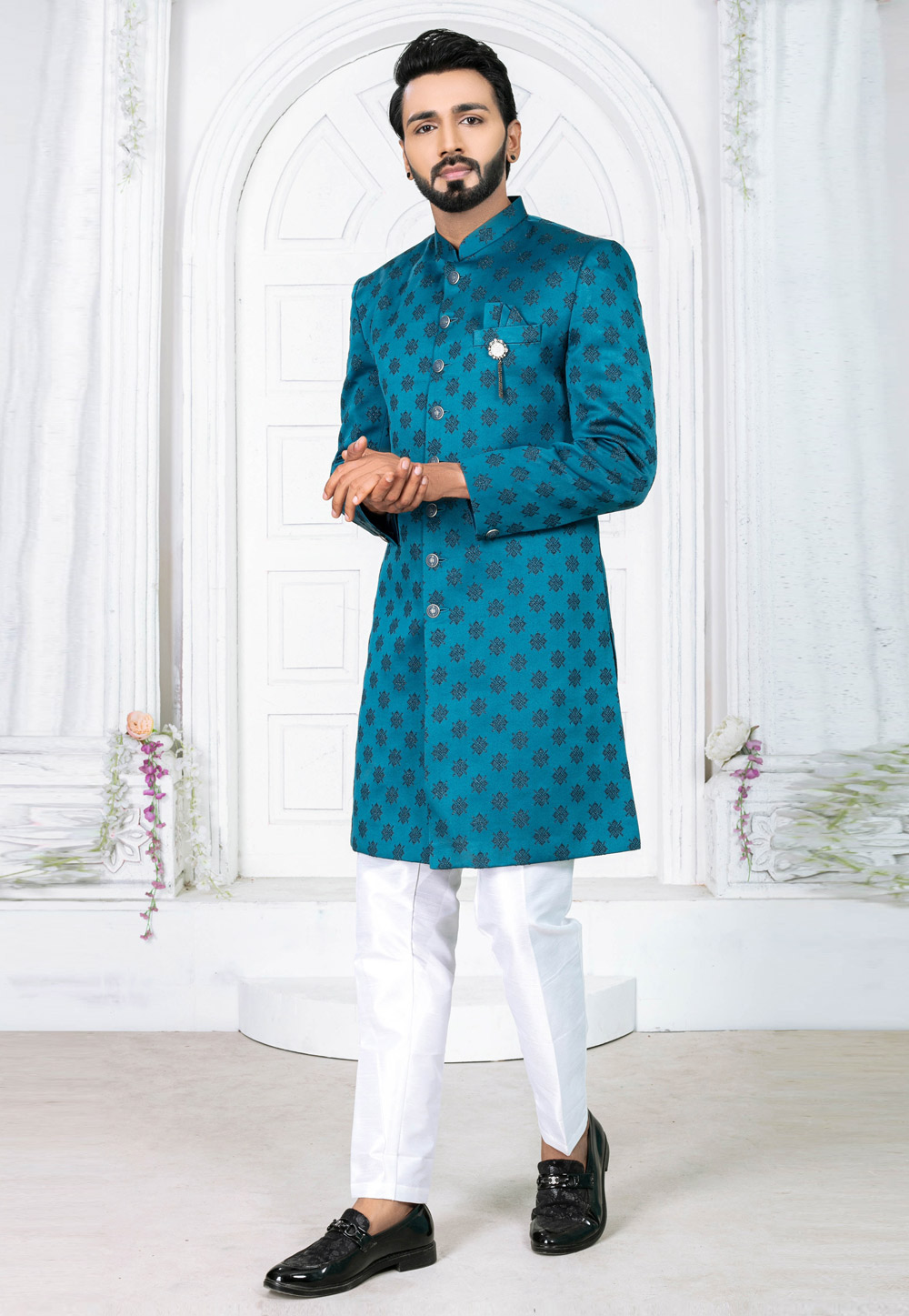 Teal Jacquard Achkan Style Sherwani 269616