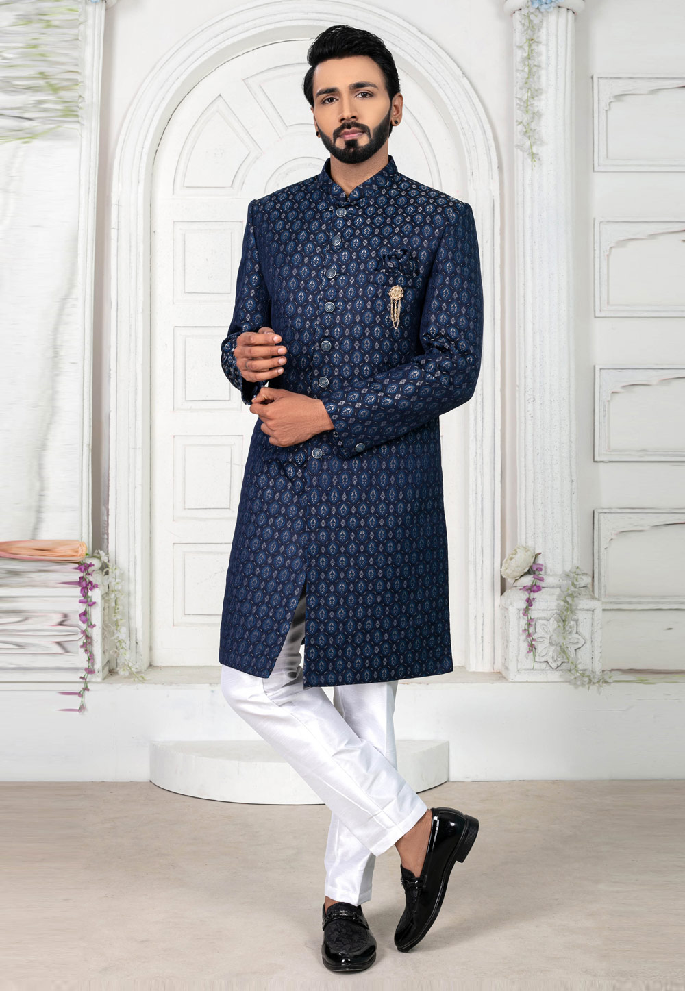 Navy Blue Jacquard Achkan Style Sherwani 269620