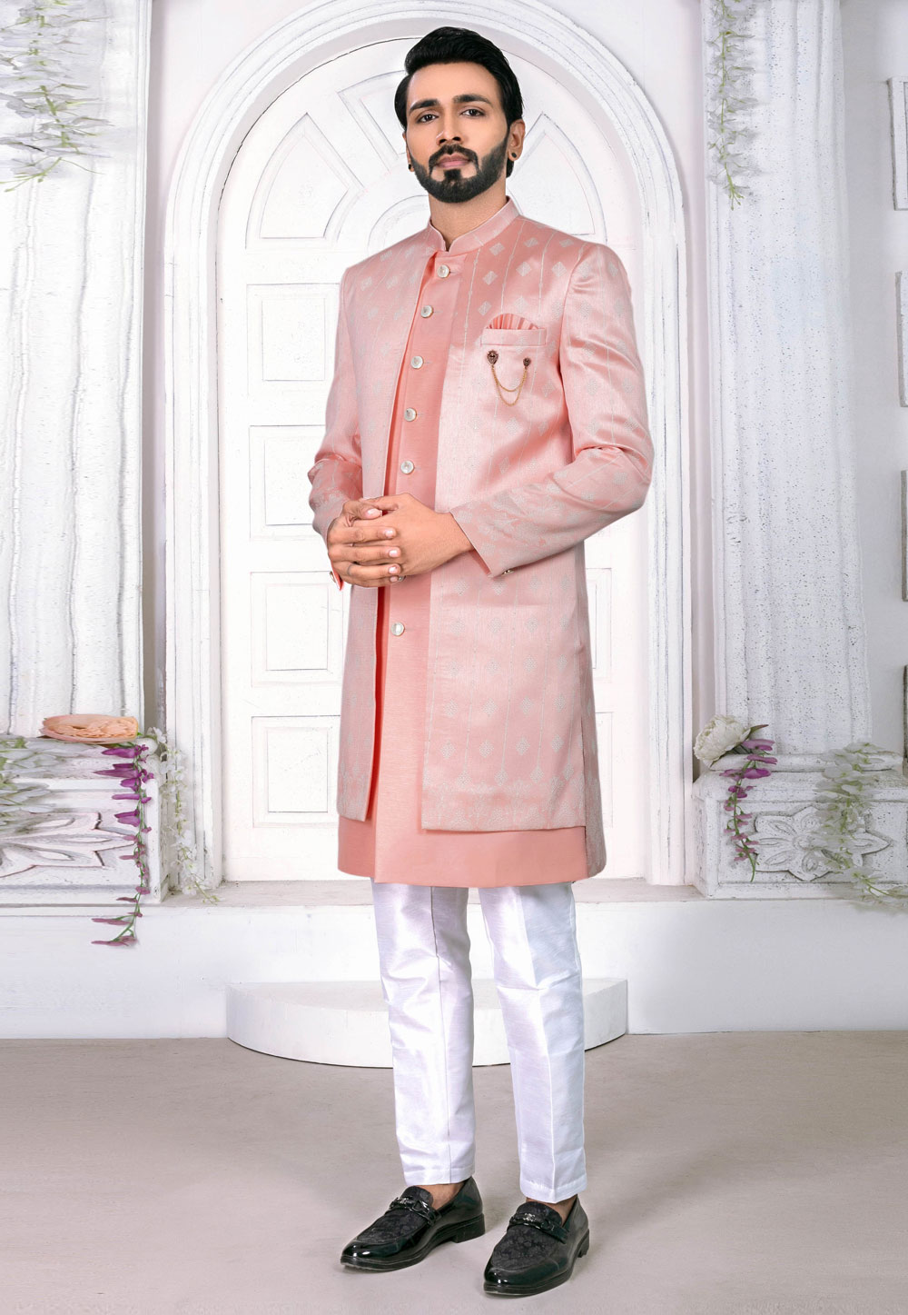 Peach Jacquard Jacket Style Sherwani 269637