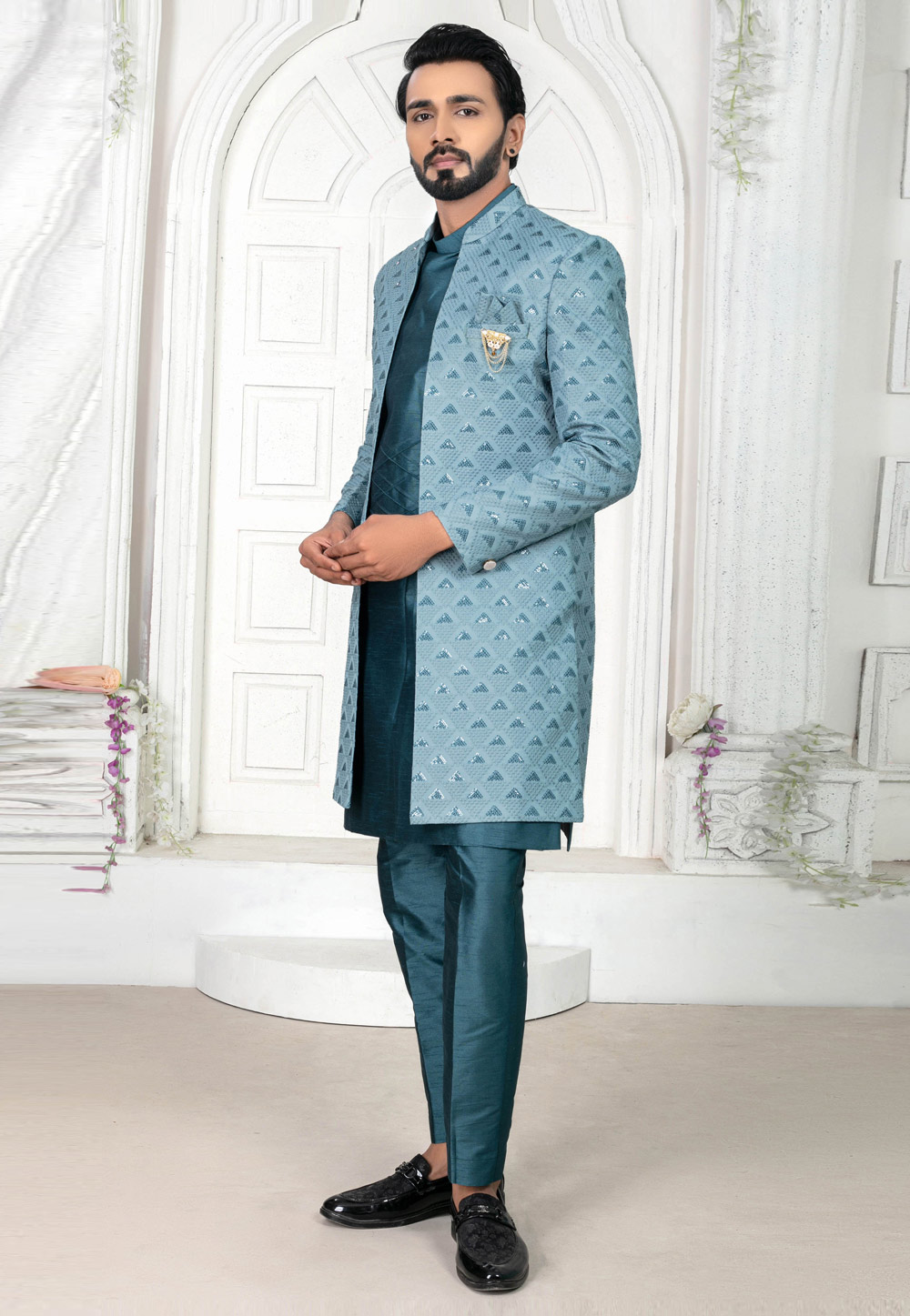 Teal Art Silk Jacket Style Sherwani 269640