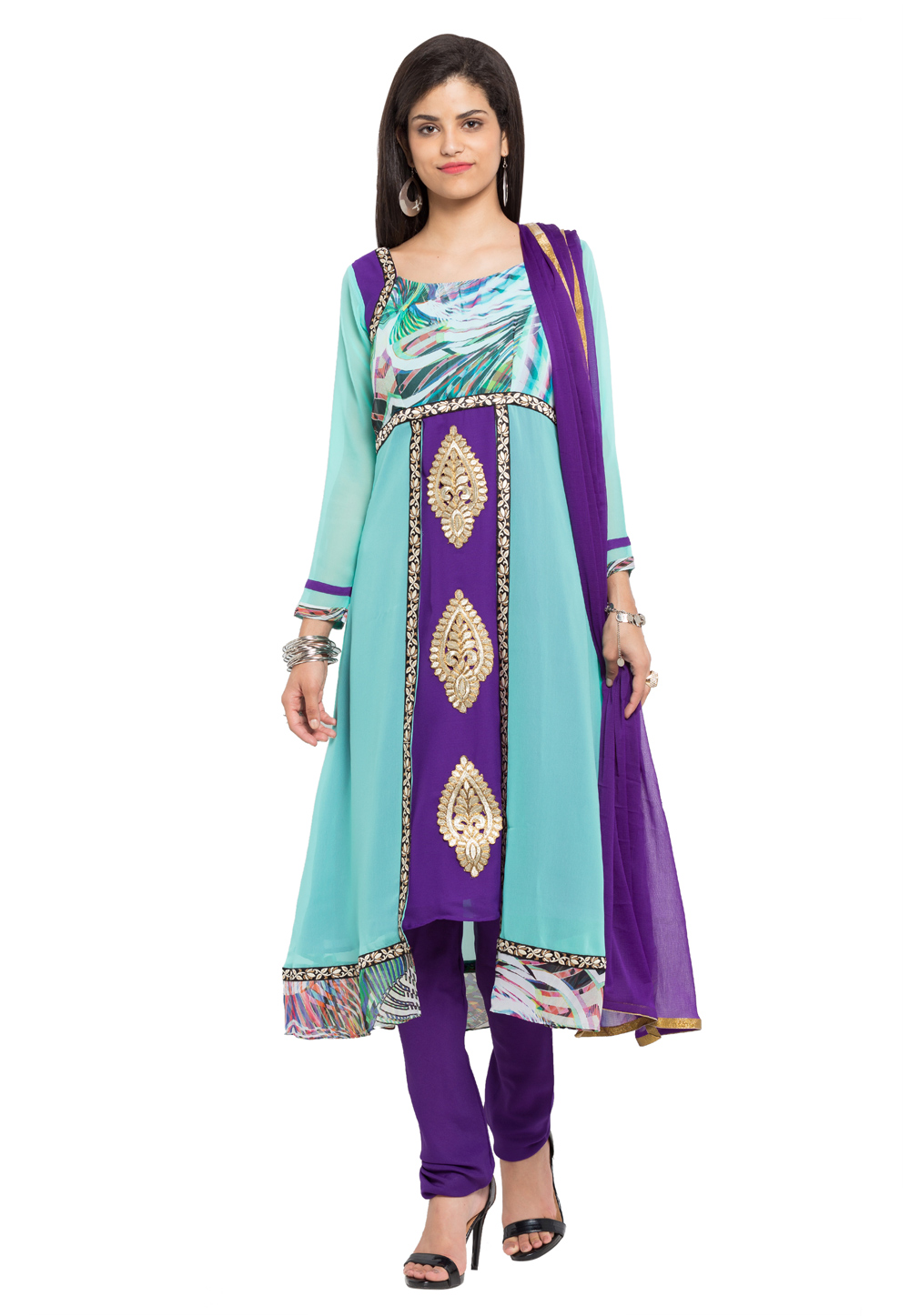 Sky Blue Faux Georgette Readymade Churidar Suit 230416
