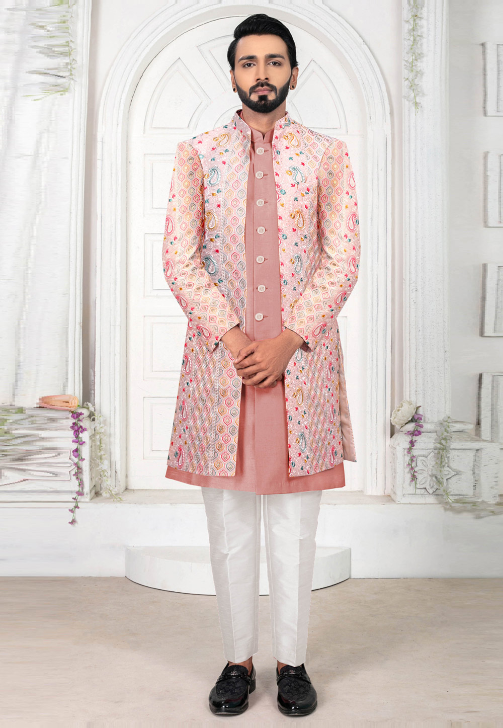 Peach Art Silk Jacket Style Sherwani 269641