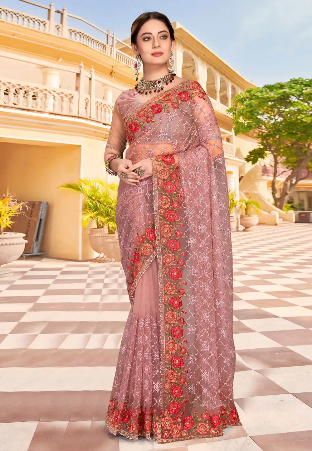 Pink Net Saree With Blouse 257686