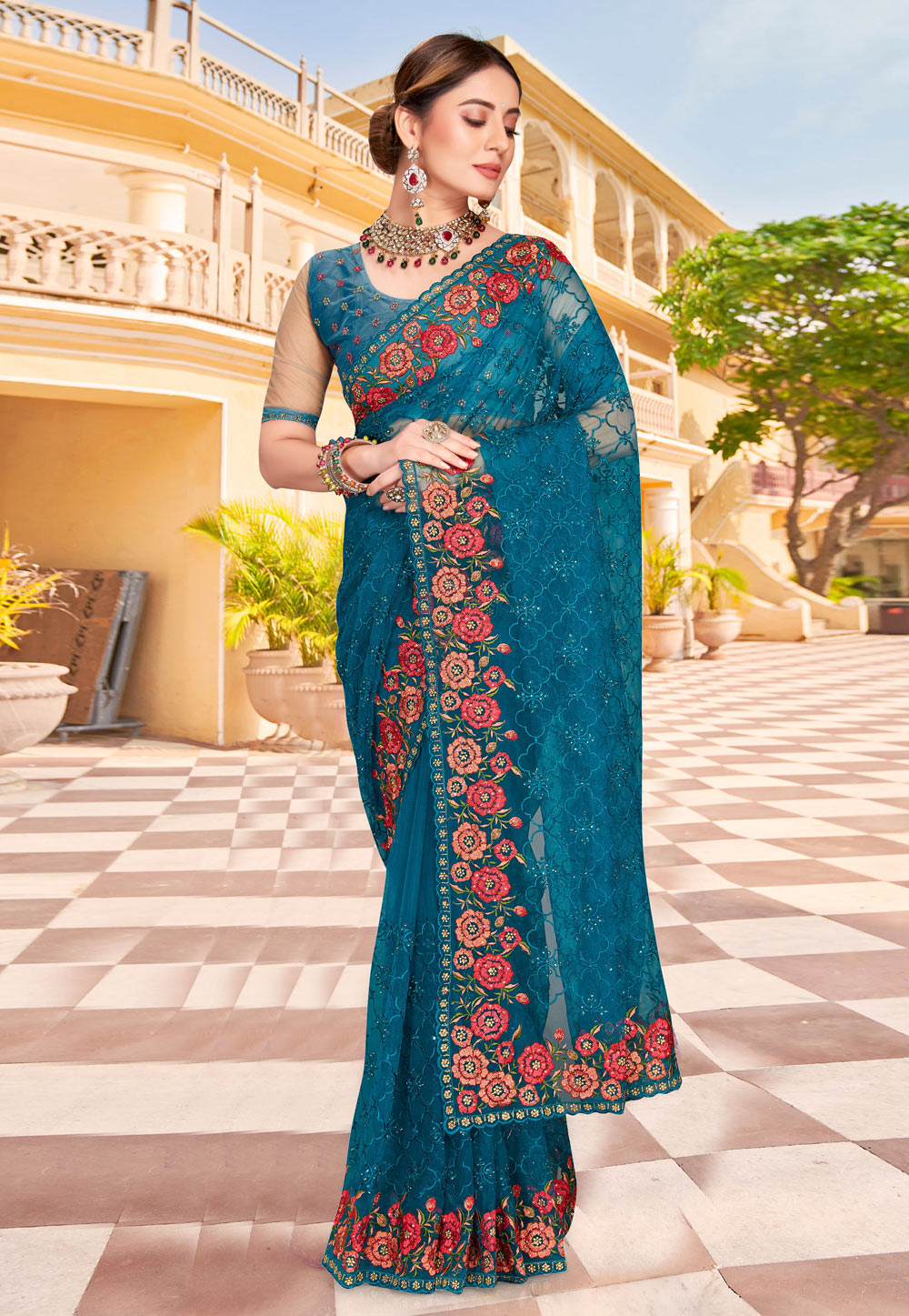 Teal Net Saree With Blouse 257687