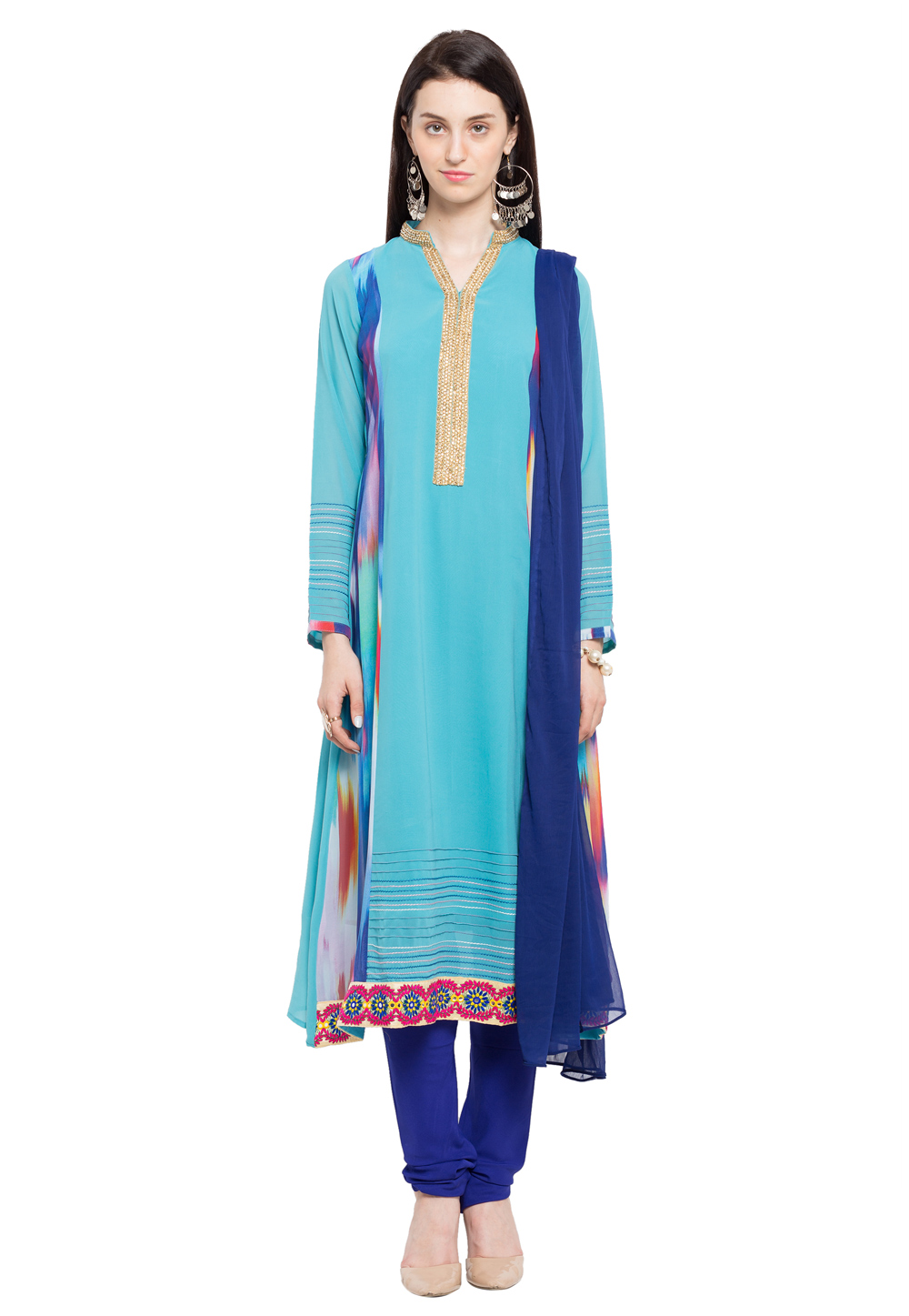 Sky Blue Faux Georgette Readymade Churidar Suit 230418