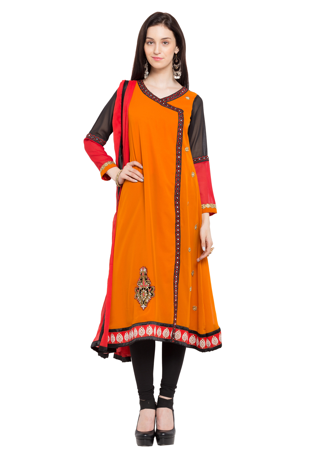 Orange Faux Georgette Readymade Churidar Suit 230419