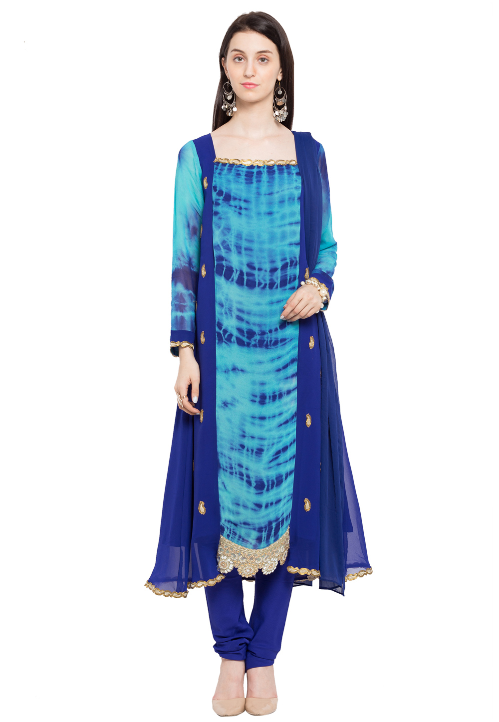Sky Blue Faux Georgette Readymade Churidar Suit 230420