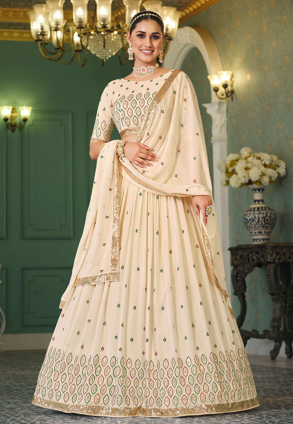 Beige Georgette A Line Lehenga Choli 257964