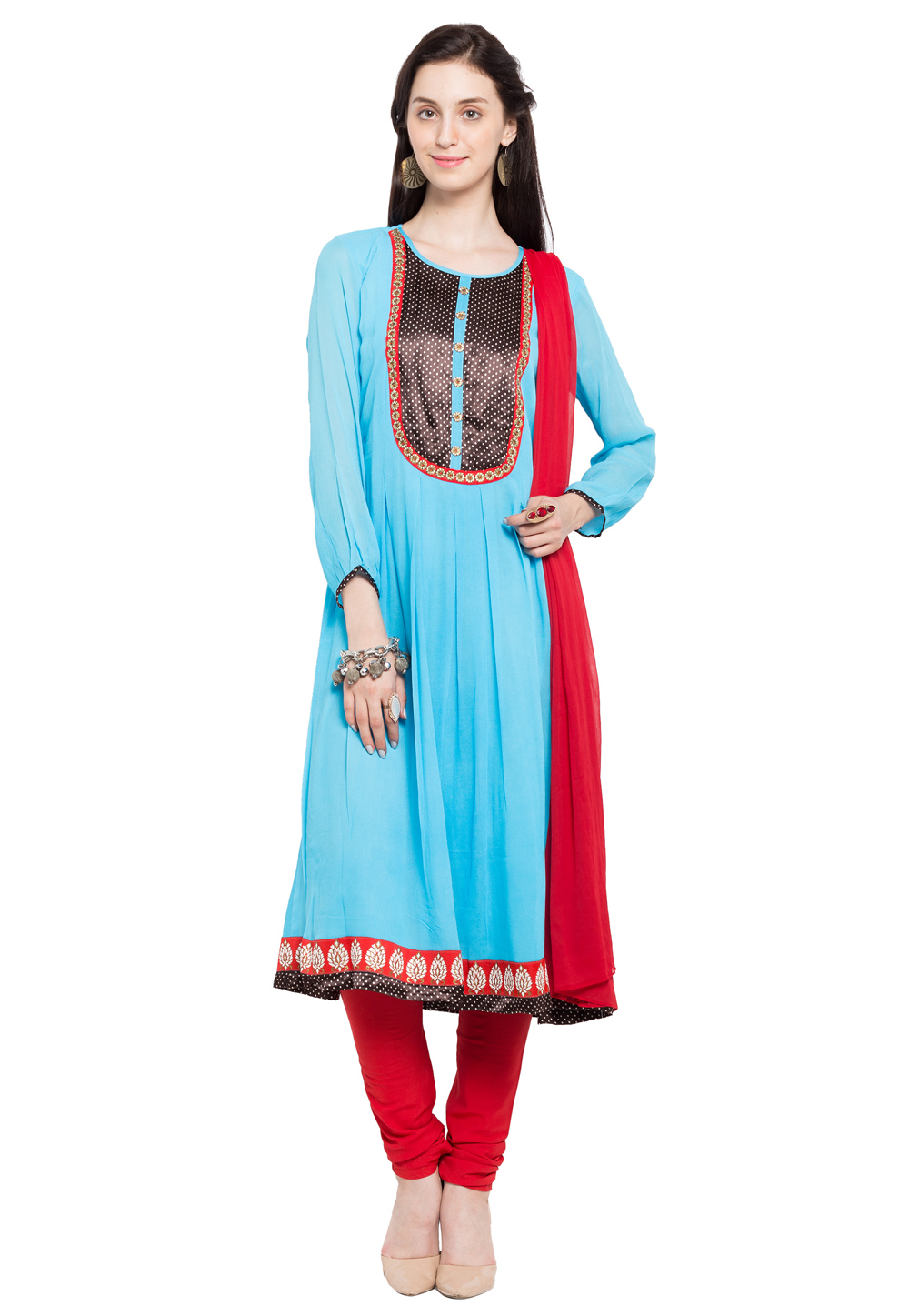 Sky Blue Faux Georgette Readymade Churidar Suit 230422