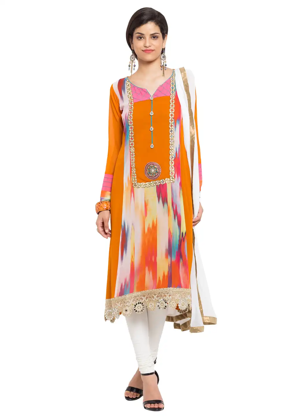 Orange Faux Georgette Readymade Churidar Suit 230423