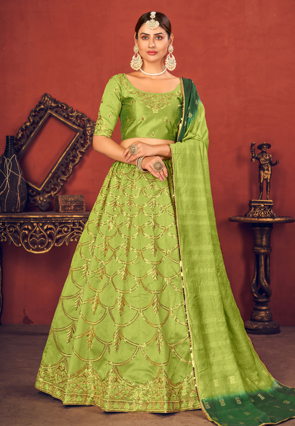 Light Green Art Silk Sequins Work Lehenga Choli 232891