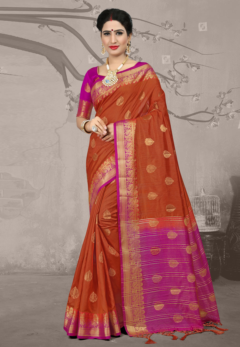 Rust Art Silk Saree With Blouse 154545