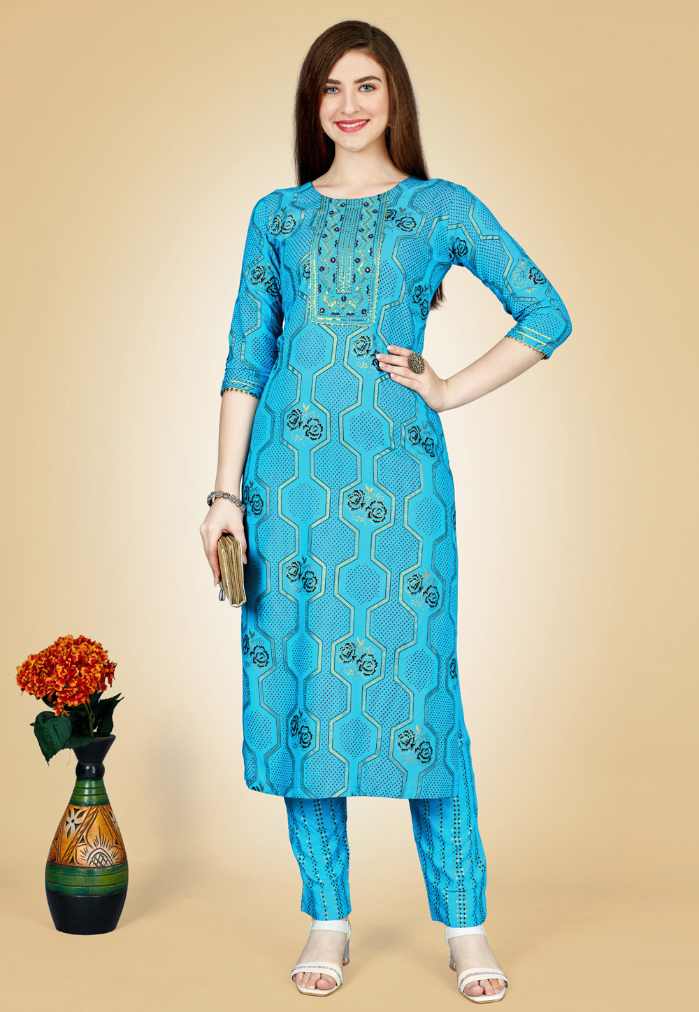 Sky Blue Rayon Kurta Set With Pent 270608
