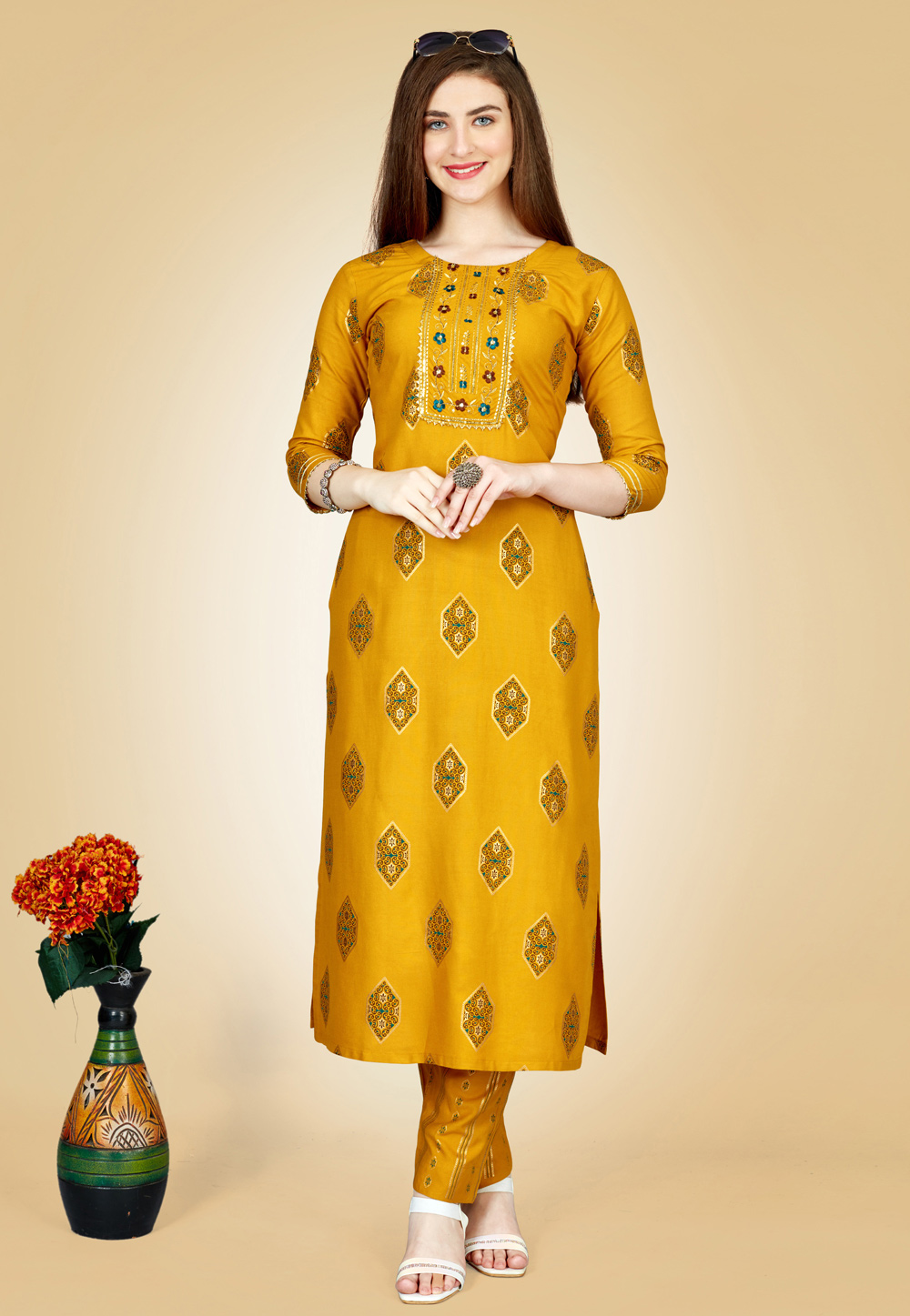 Mustard Rayon Kurta Set With Pent 270609