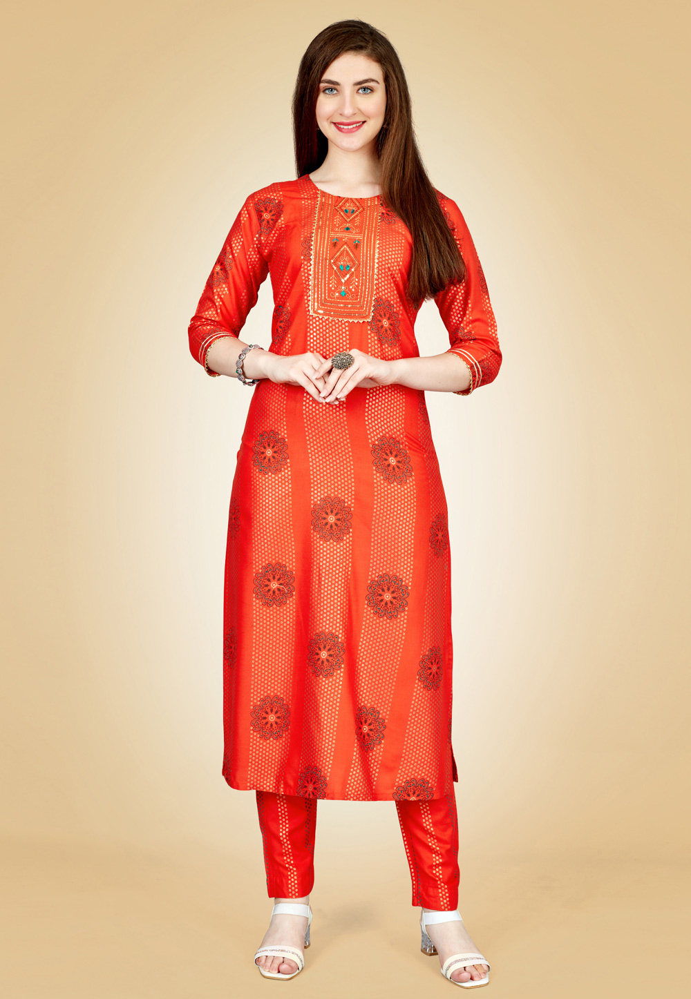 Orange Rayon Kurta Set With Pent 270610