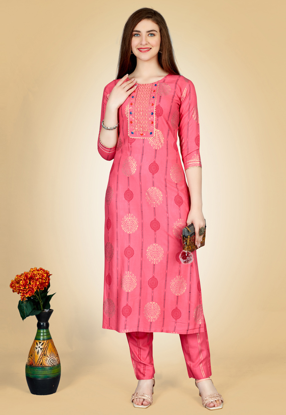 Pink Rayon Kurta Set With Pent 270615