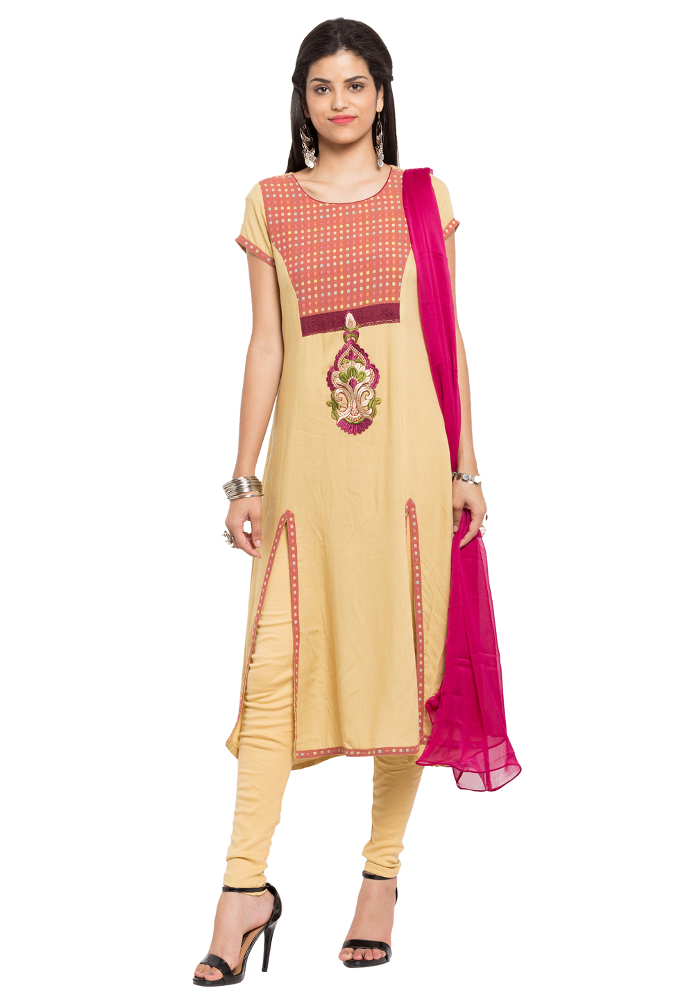 Beige Cotton Readymade Churidar Suit 230426