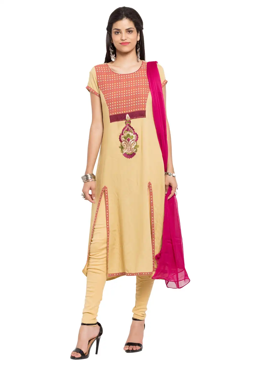 Beige Cotton Readymade Churidar Suit 230426