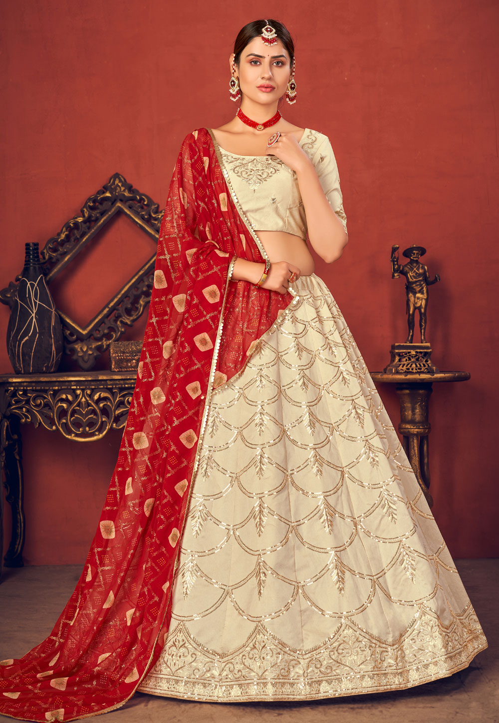 Beige Art Silk Embroidered Lehenga Choli 232892