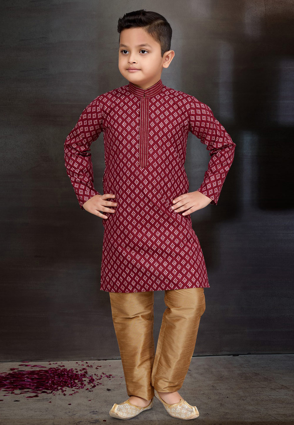 Maroon Cotton Kids Kurta Pajama 272137