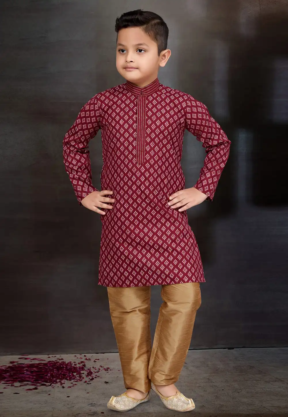 Maroon Cotton Kids Kurta Pajama 272137