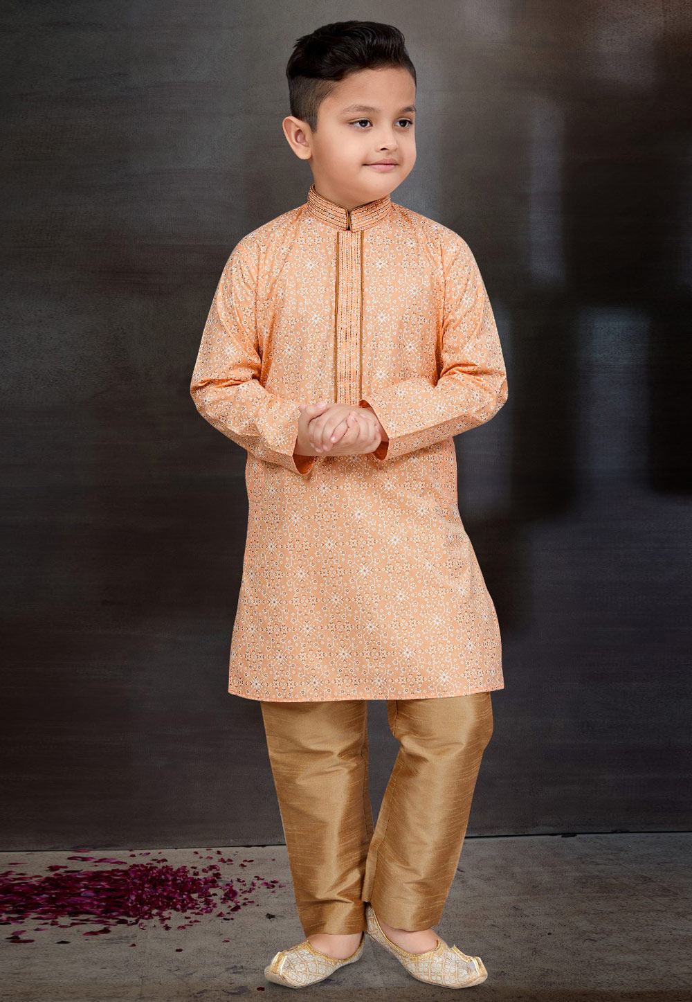 Peach Cotton Kids Kurta Pajama 272139