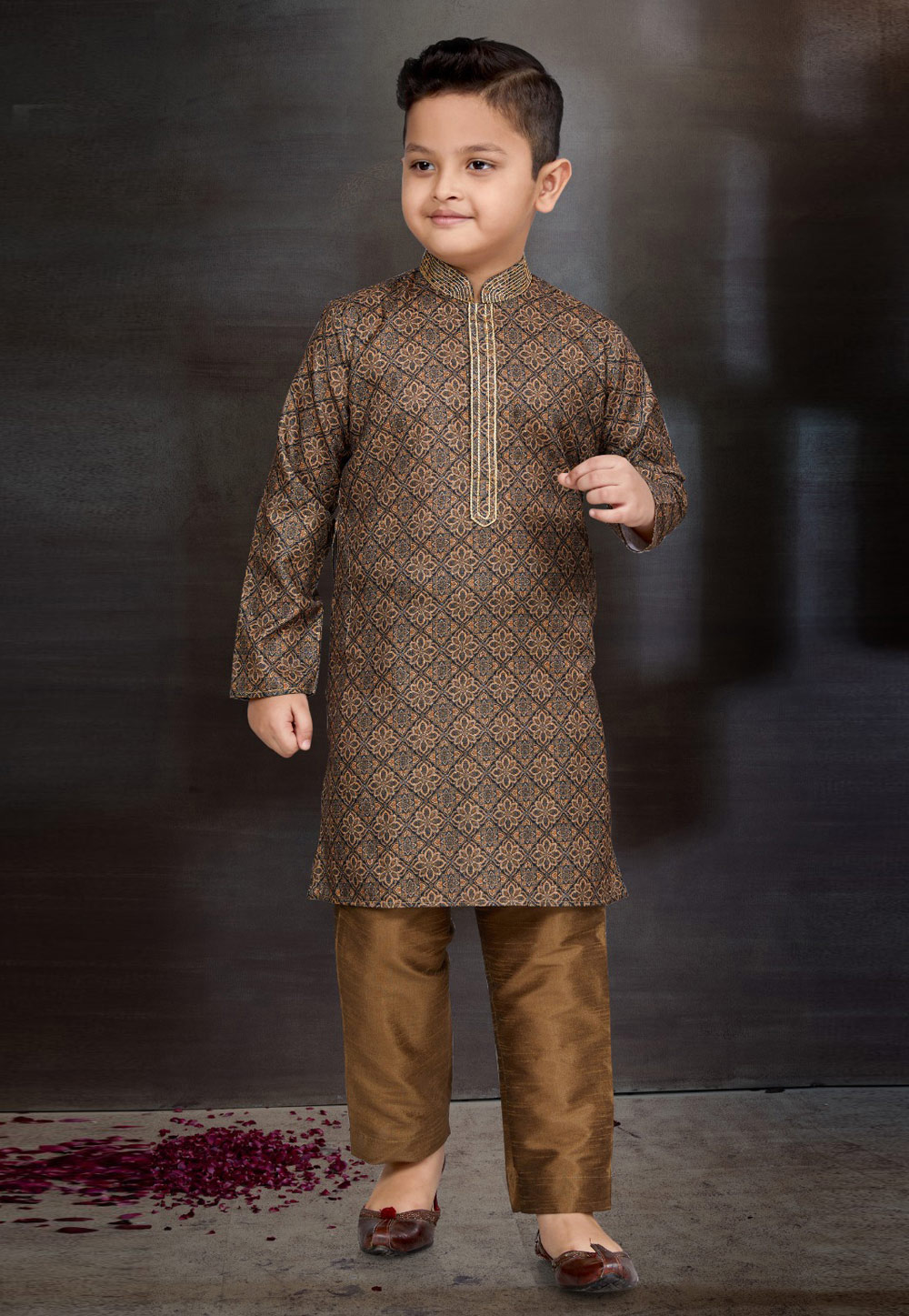 Brown Cotton Kids Kurta Pajama 272143