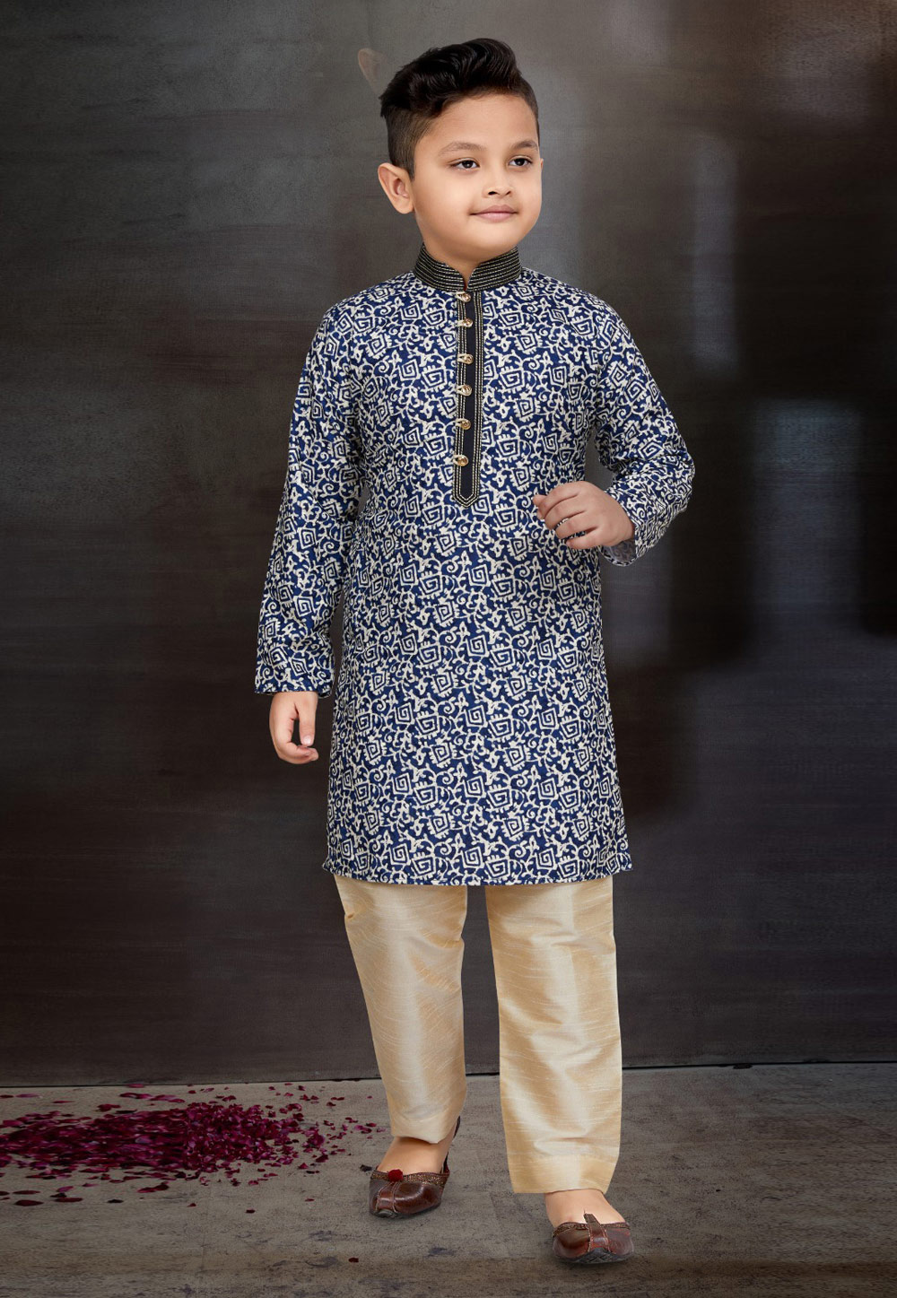 Navy Blue Silk Kids Kurta Pajama 272144