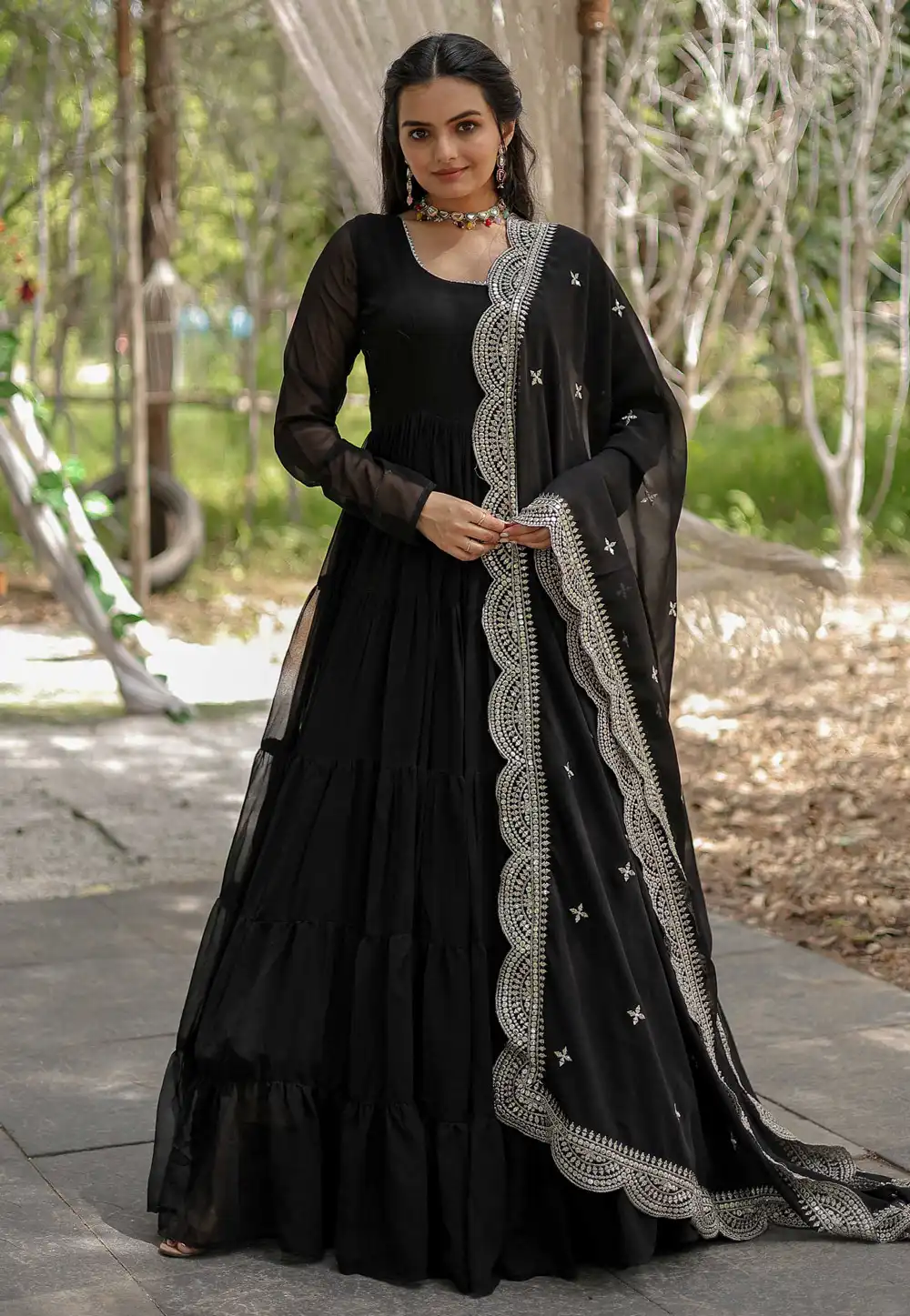 Black Faux Georgette  Readymade Long Anarkali Suit 271346