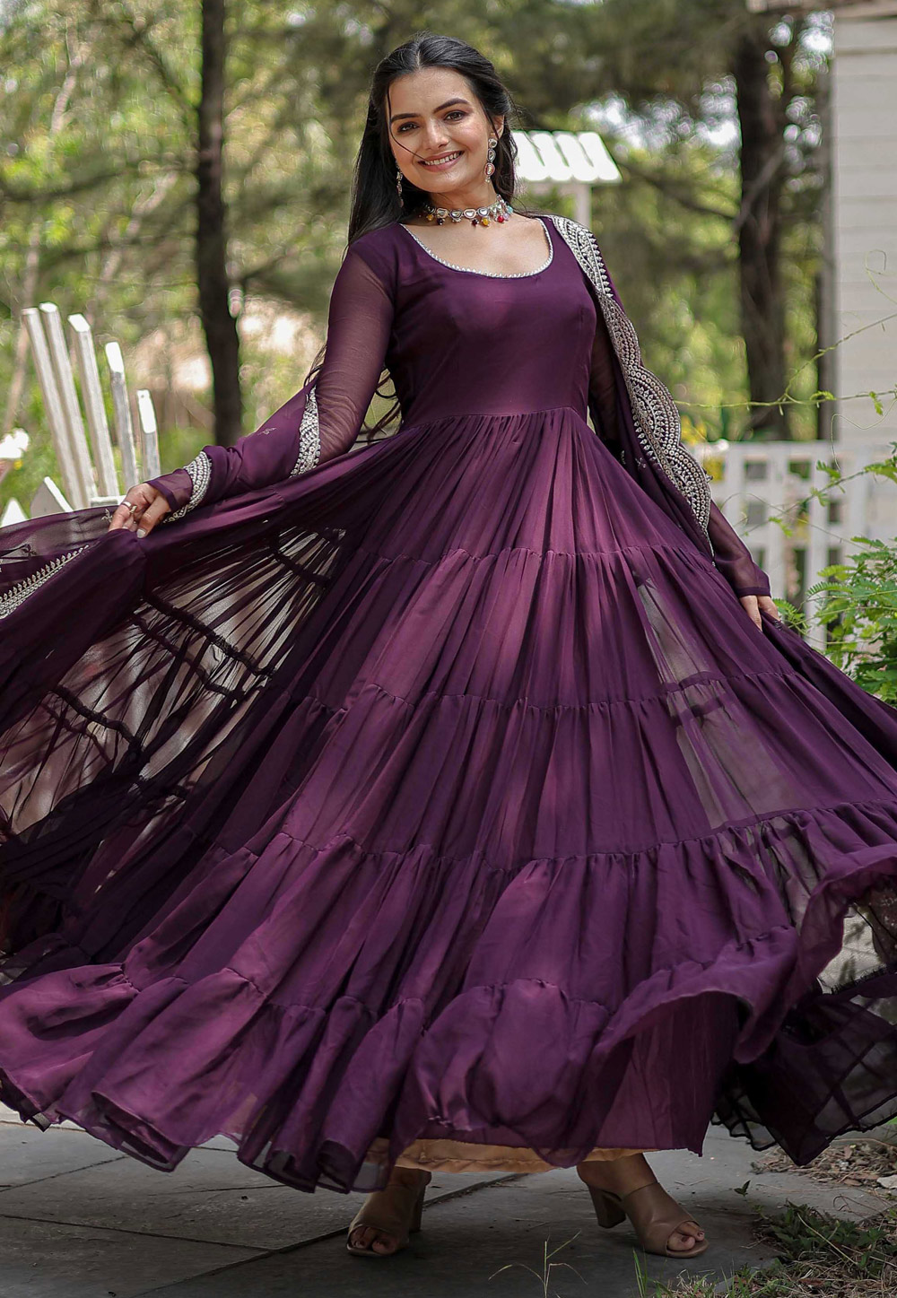 Wine Faux Georgette  Readymade Long Anarkali Suit 271348