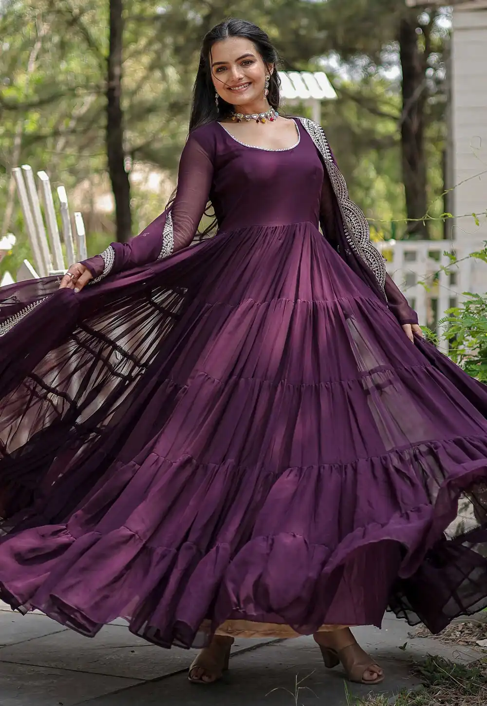Wine Faux Georgette  Readymade Long Anarkali Suit 271348