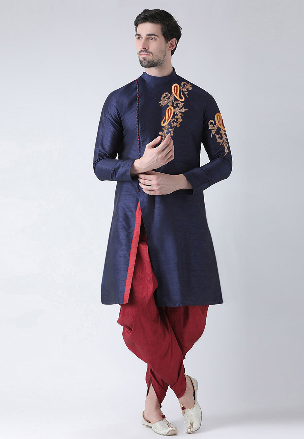Navy Blue Dupion Silk Dhoti Kurta 236180