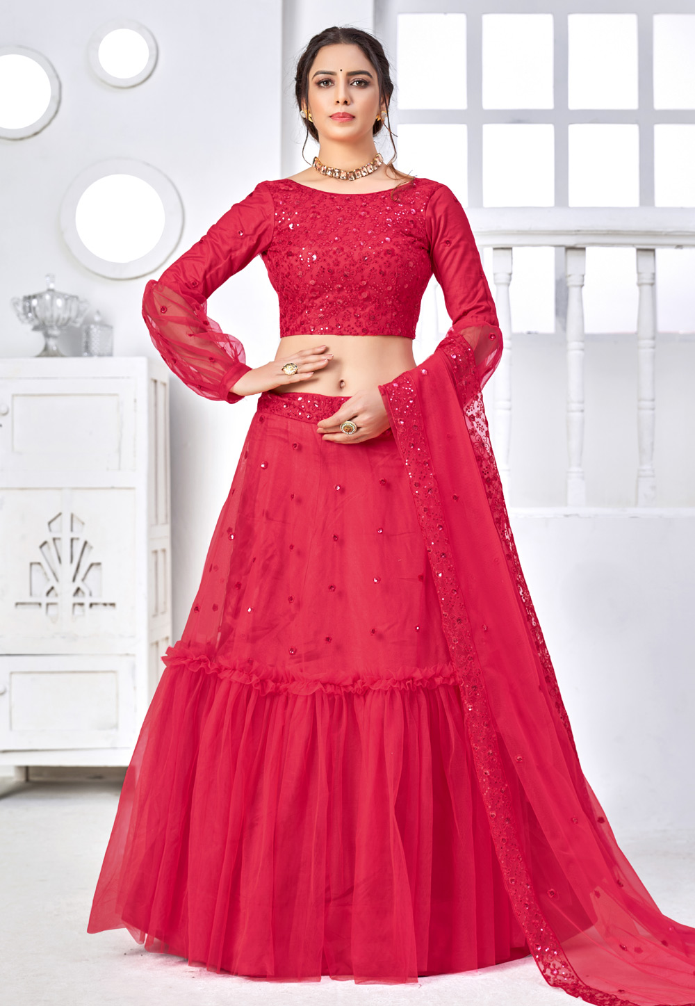 Magenta Net Embroidered Lehenga Choli 238492