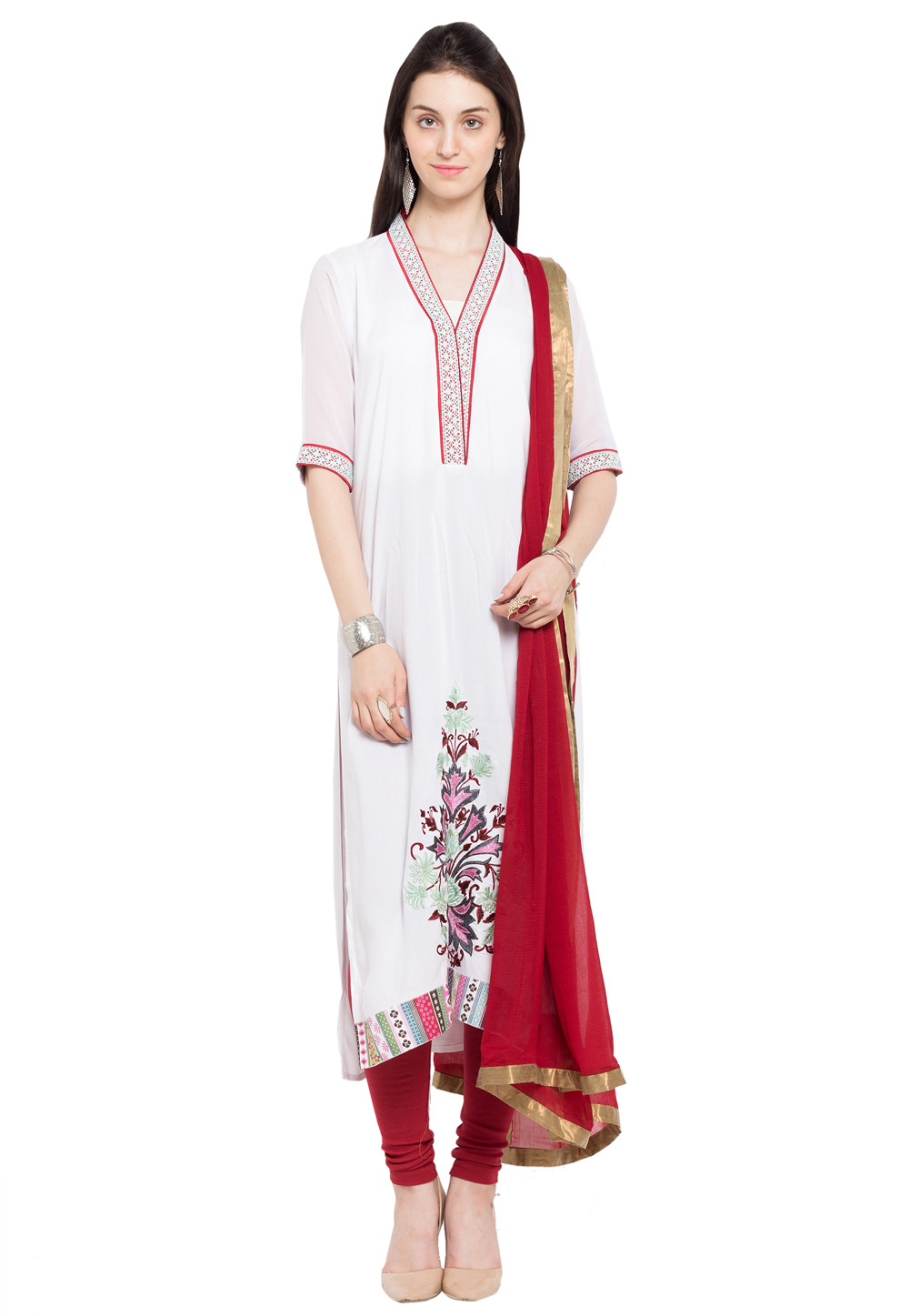 White Cotton Readymade Churidar Suit 230432