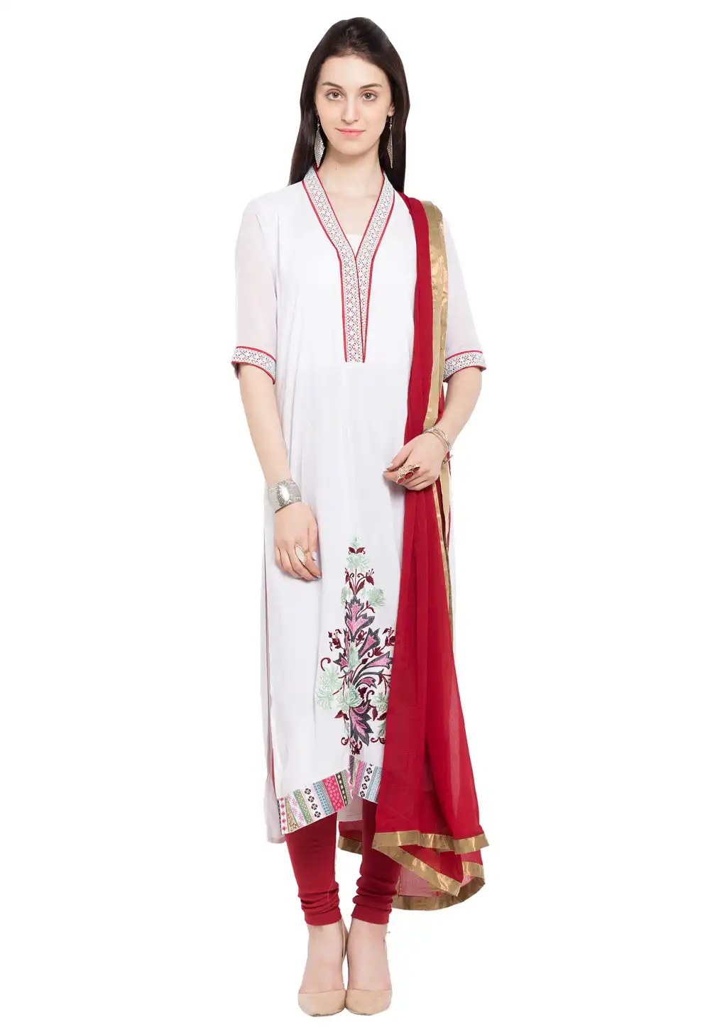 White Cotton Readymade Churidar Suit 230432