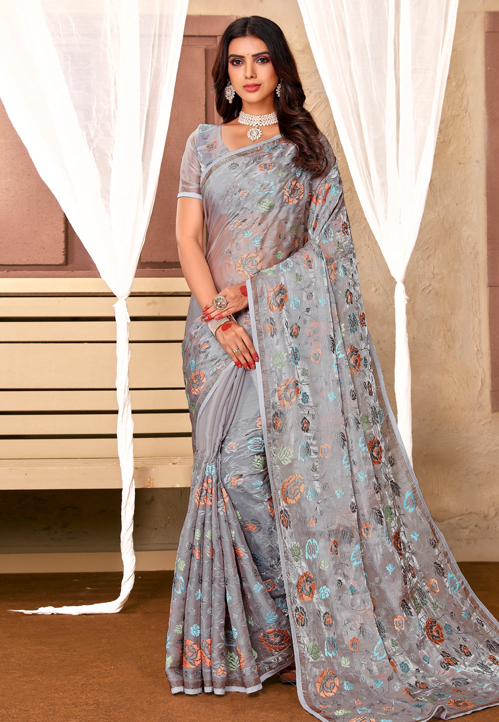 Grey Organza Saree With Blouse 258085