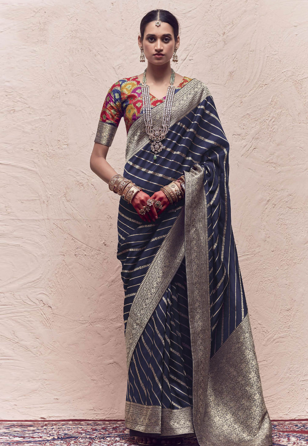 Navy Blue Crepe Saree With Blouse 272210