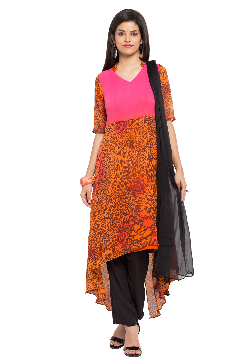 Mustard Faux Georgette Readymade Pant Style Suit 230434