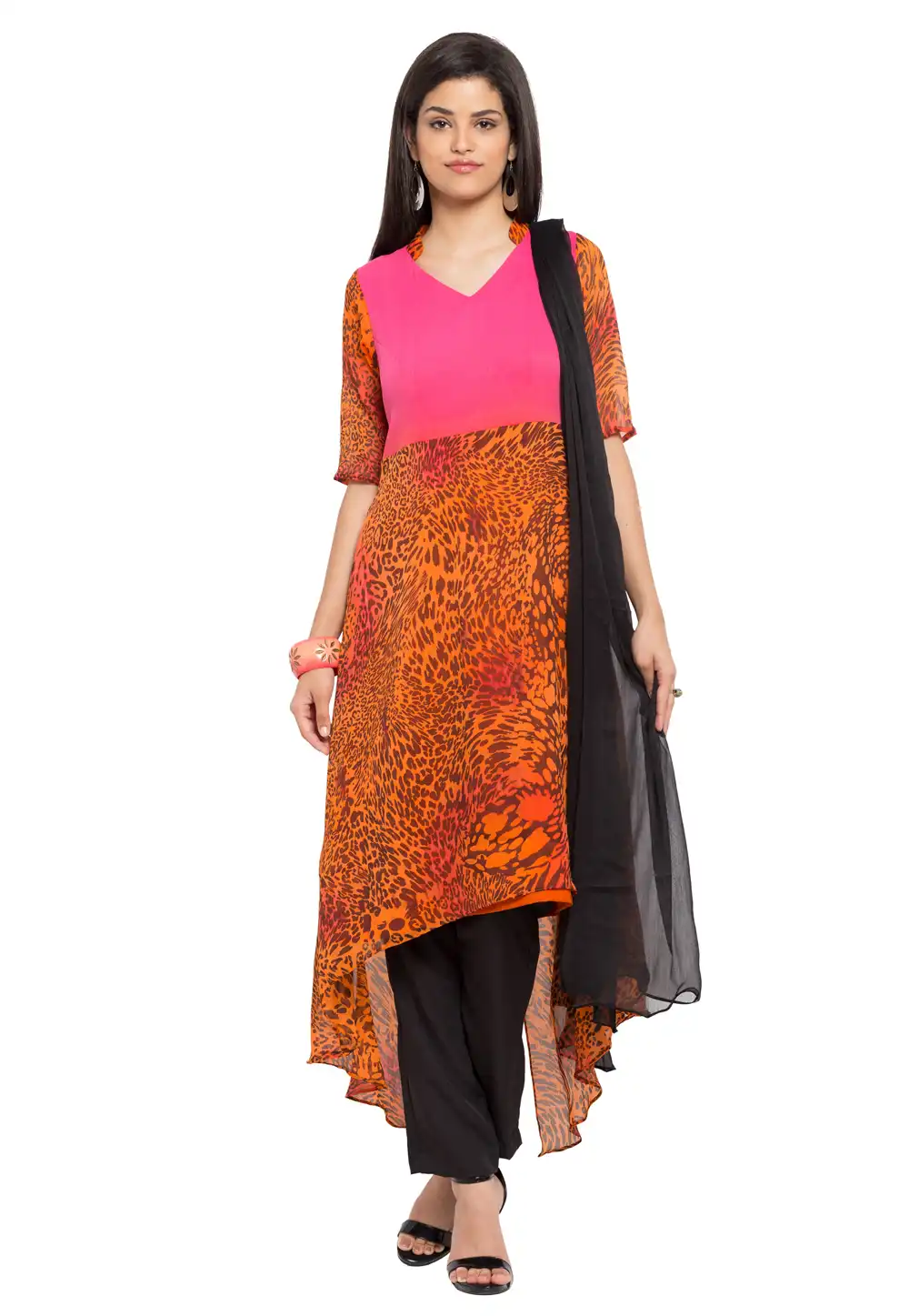 Mustard Faux Georgette Readymade Pant Style Suit 230434