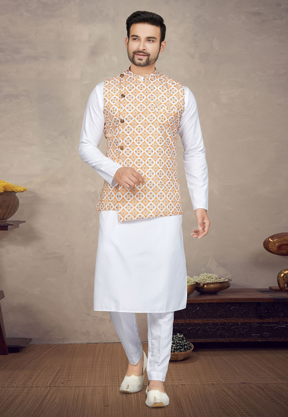 White Cotton Kurta Pajama With Jacket 272172